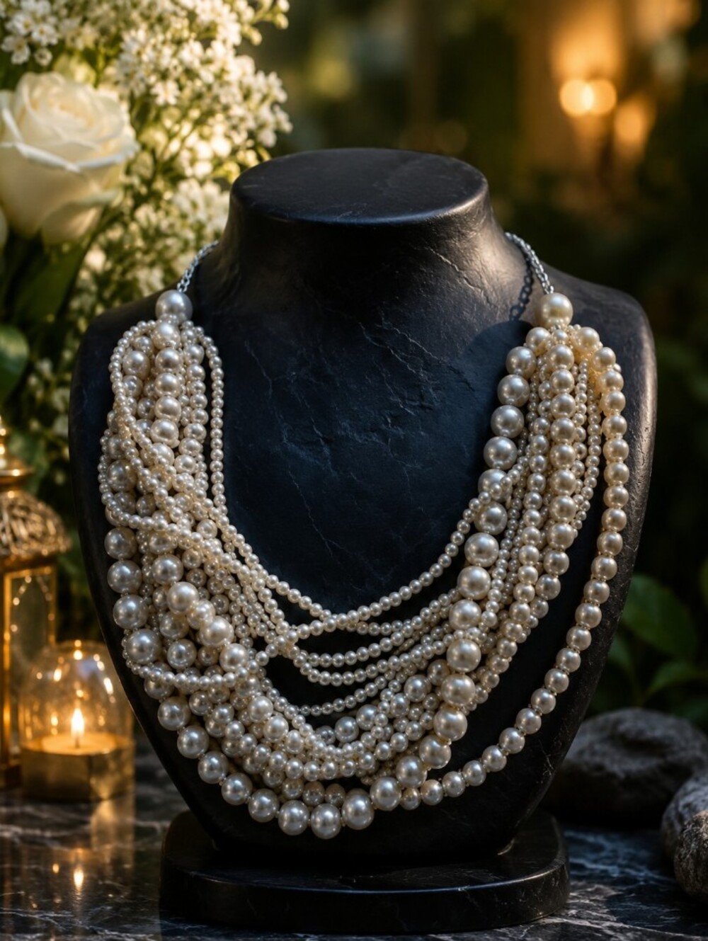 5/$100 Multi-Strand Pearl Statement Necklace - Ivory 🐚